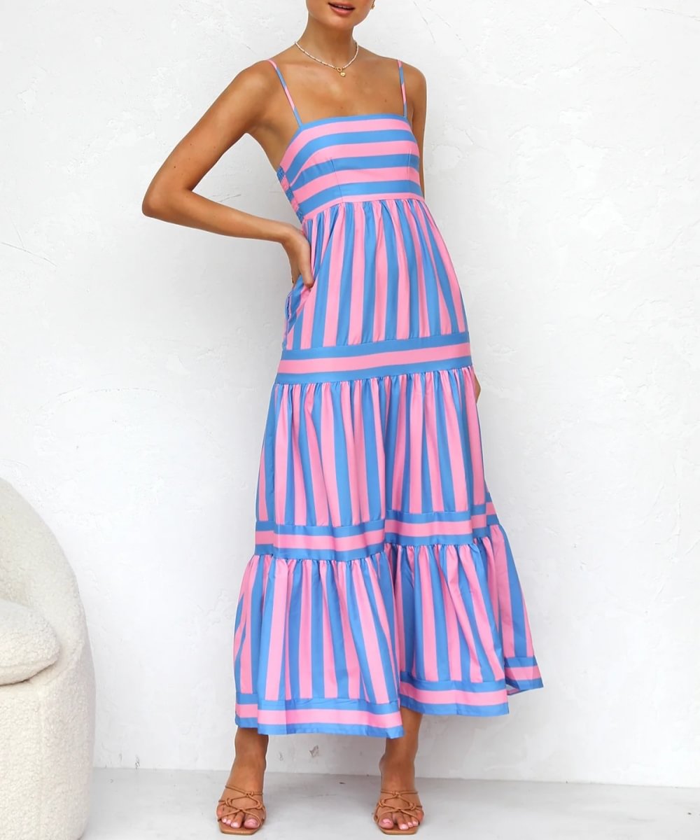 Zavando – Luftiges Geschichtetes Midi-Kleid mit Streifen und Spaghettiträgern