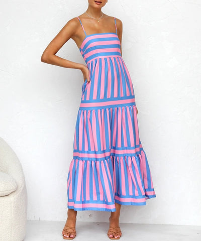 Zavando – Luftiges Geschichtetes Midi-Kleid mit Streifen und Spaghettiträgern
