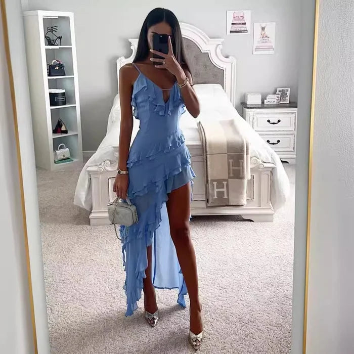 Damen Schickes Rüschen Asymmetrisches Schlitz Kleid | Maxi
