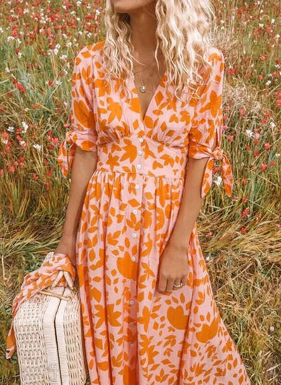 Sommerkleid Mit V Ausschnitt Und 3/4 Ärmeln Für Damen | Maxi
