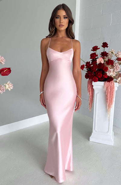 Zavando – Luxuriöses Blush-Farb Körperbetontes Maxi-Kleid mit tiefem Rücken und Schleifen-Trägern