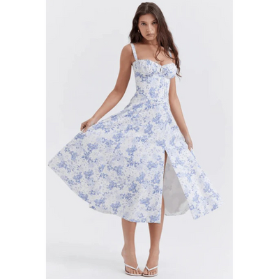 Damen Sommer Blumen Bustier Korsett Elegantes Kleid | Midi