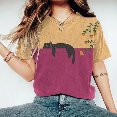 Damen T Shirt Mit Katzen Print Und Rundhalsausschnitt | Lässig