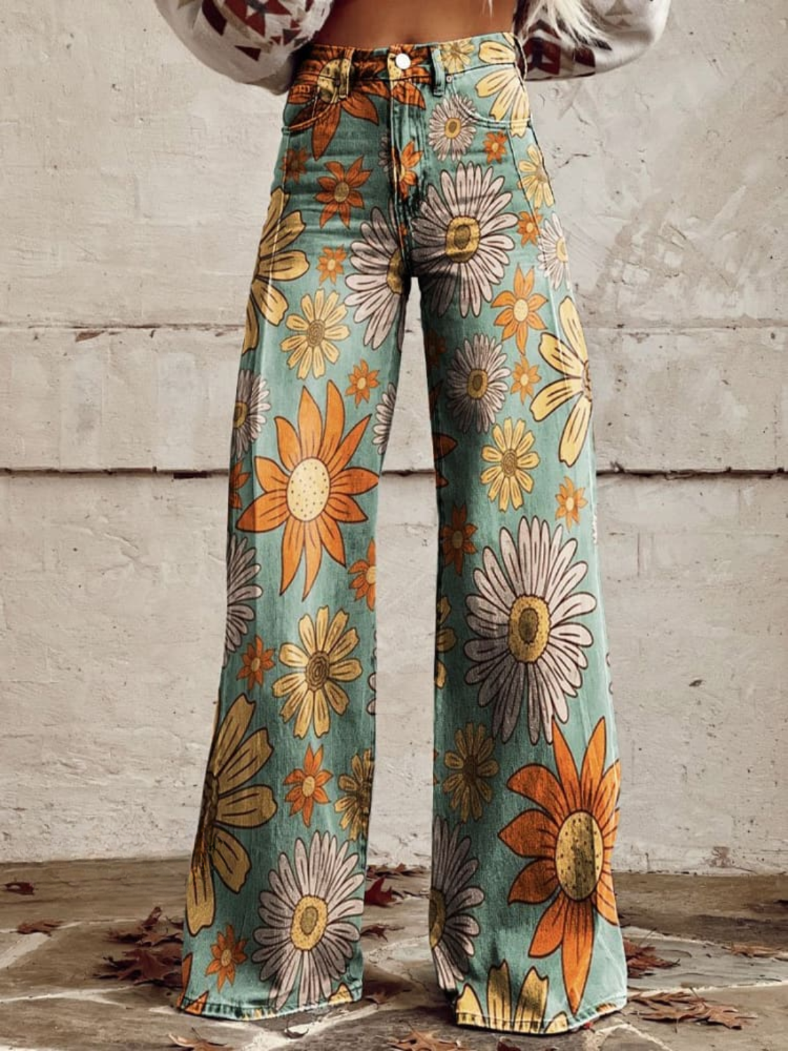 Damen Hochtaillierte Weitbein-Jeans mit Blumenmuster