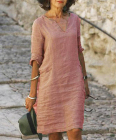 Zavando – Luftiges Bequemes Leinenkleid mit V-Ausschnitt und Lässigem Schnitt