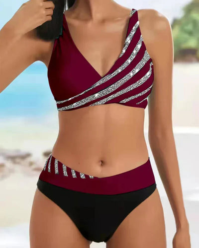 Bikini Set Mit Glitzerndem Streifen Print Für Damen | Sommer