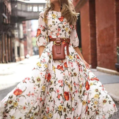 Elegantes Kleid Mit 3/4 Ärmeln Und Gürtel Für Damen | Maxi