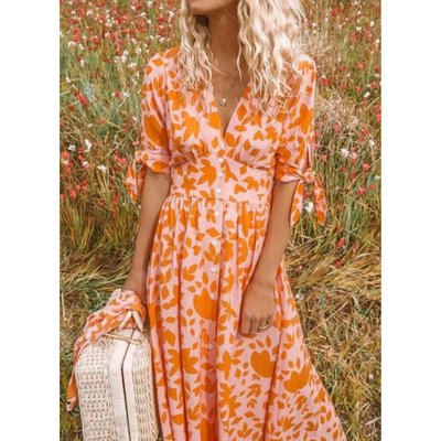 Zavando-Kleid mit V-Ausschnitt und geknoteten Ärmeln | Maxi