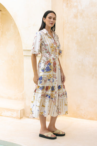 Zavando - Buntes Florales Midi Kleid mit Gürtel