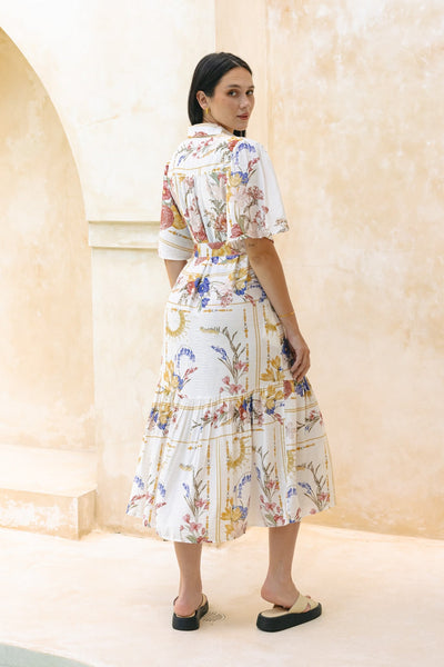 Zavando - Buntes Florales Midi Kleid mit Gürtel
