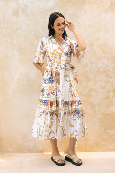 Zavando - Buntes Florales Midi Kleid mit Gürtel