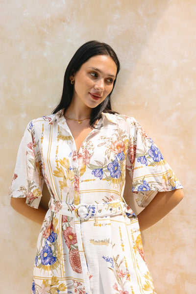Zavando - Buntes Florales Midi Kleid mit Gürtel