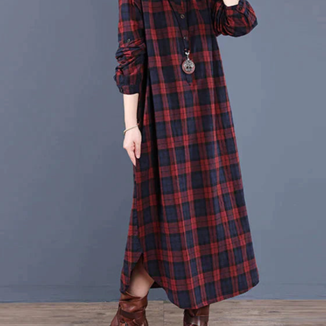 Langärmliges Kariertes Hemdkleid Für Damen | Midi