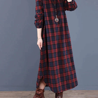 Langärmliges Kariertes Hemdkleid Für Damen | Midi