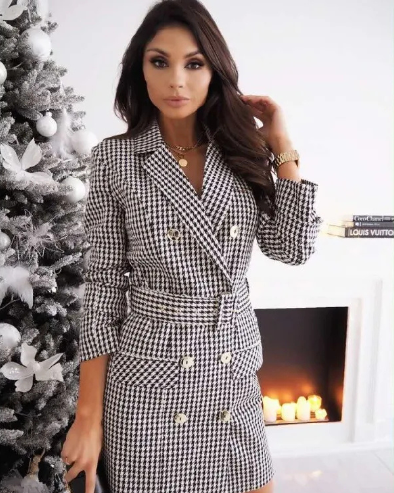 Damen Double-Breasted Gingham Blazer-Kleid mit Taillengürtel