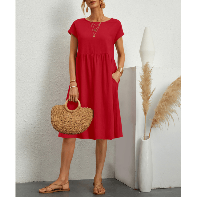 Zavando - Damen Baumwoll-Leinen Midi-Kleid