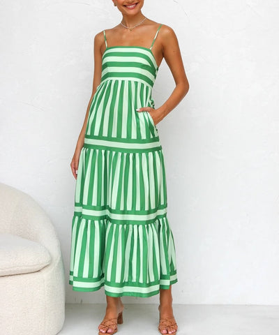 Zavando – Luftiges Geschichtetes Midi-Kleid mit Streifen und Spaghettiträgern