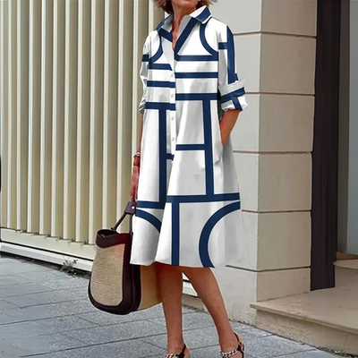 Damen Midi-Längen Hemdblusenkleid mit geometrischem Print