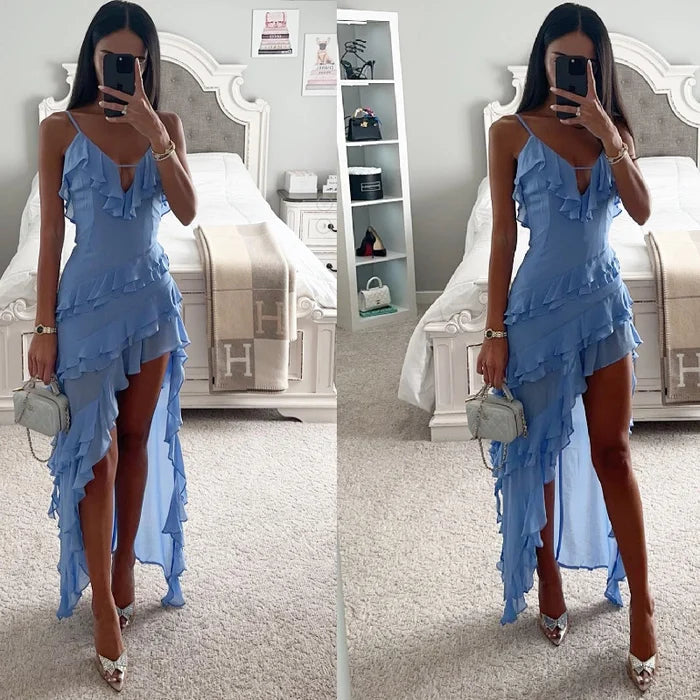 Damen Schickes Rüschen Asymmetrisches Schlitz Kleid | Maxi