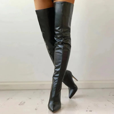 Damen Überknie Hoher Absatz Reißverschluss Spitz Stiefel | Oberschenkelhoch
