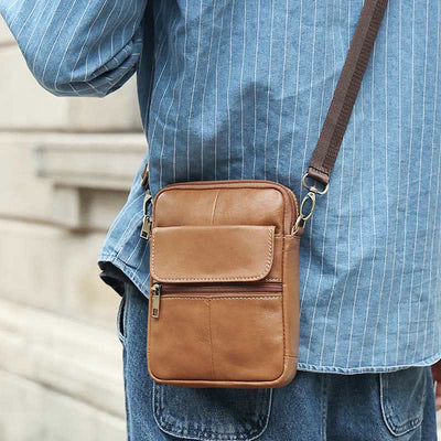 Kleine Umhängetasche aus echtem Leder für Herren – langlebig – mehrere Fächer – Wanduhr