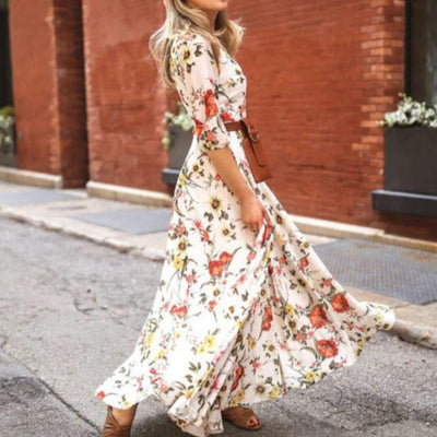 Elegantes Kleid Mit 3/4 Ärmeln Und Gürtel Für Damen | Maxi