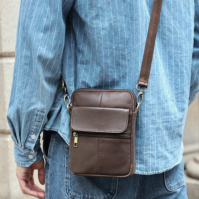 Kleine Umhängetasche aus echtem Leder für Herren – langlebig – mehrere Fächer – Wanduhr