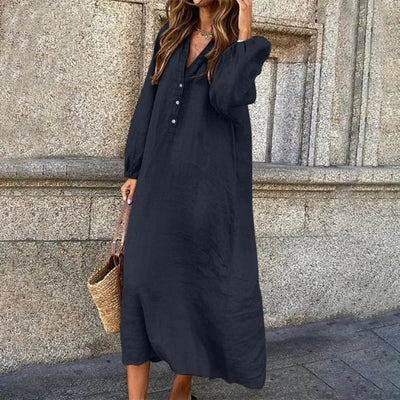 Zavando – Maxikleid aus Baumwollleinen mit langen Ärmeln