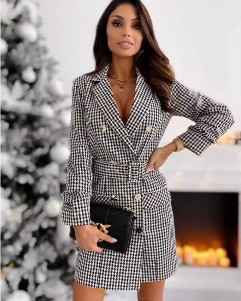 Damen Double-Breasted Gingham Blazer-Kleid mit Taillengürtel