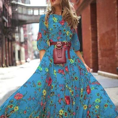 Elegantes Kleid Mit 3/4 Ärmeln Und Gürtel Für Damen | Maxi