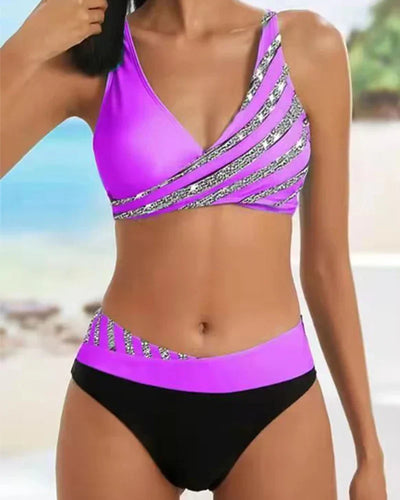 Bikini Set Mit Glitzerndem Streifen Print Für Damen | Sommer