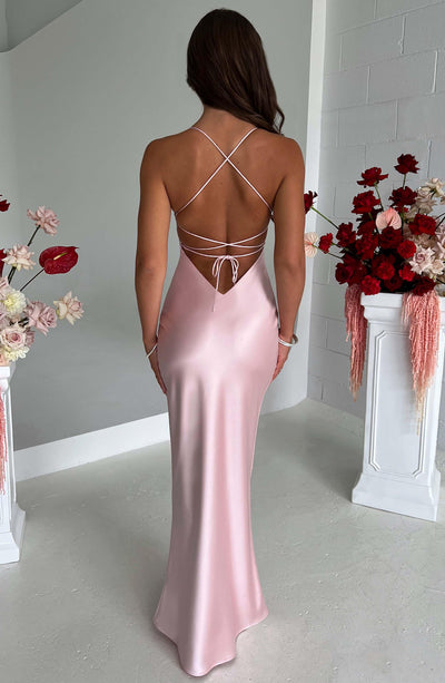 Zavando – Luxuriöses Blush-Farb Körperbetontes Maxi-Kleid mit tiefem Rücken und Schleifen-Trägern