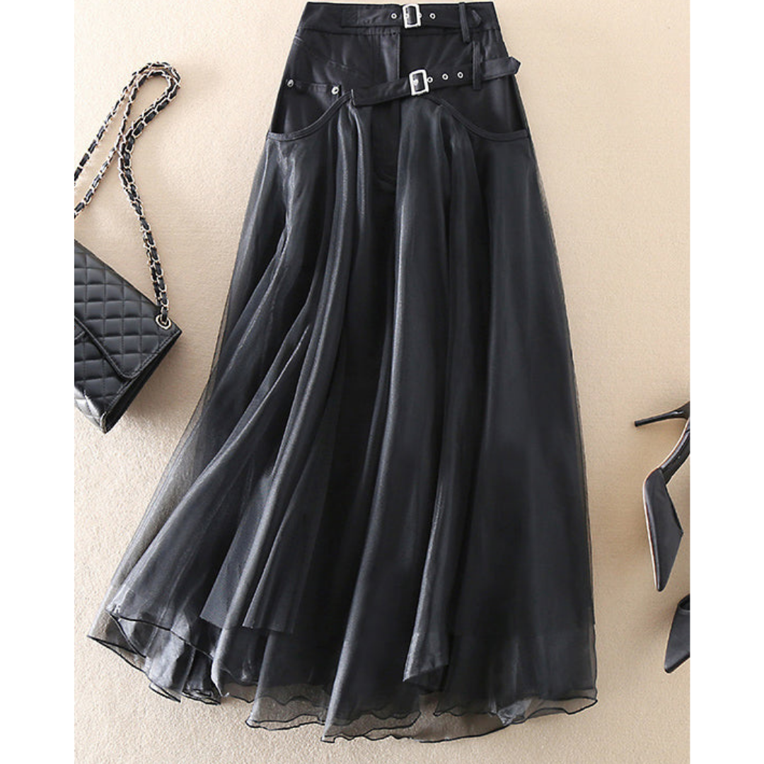 Damen Geschichteter Hochtaillierter Gürtel Stil Rock | Midi