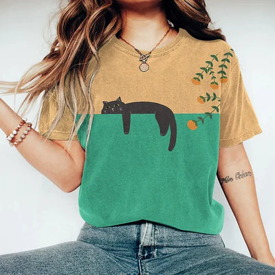 Damen T Shirt Mit Katzen Print Und Rundhalsausschnitt | Lässig