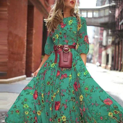 Elegantes Kleid Mit 3/4 Ärmeln Und Gürtel Für Damen | Maxi