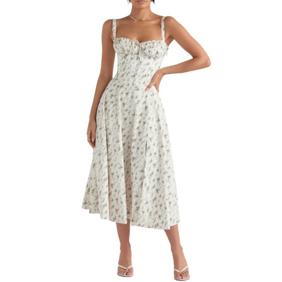 Damen Sommer Blumen Bustier Korsett Elegantes Kleid | Midi