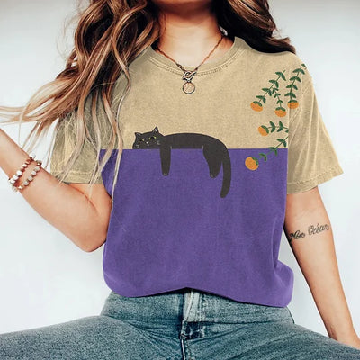 Damen T Shirt Mit Katzen Print Und Rundhalsausschnitt | Lässig