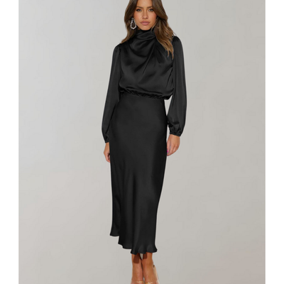 Damen Stylisches High Neck Elegantes Langarm Kleid | Midi