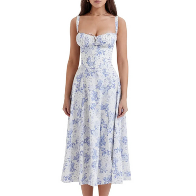 Damen Sommer Blumen Bustier Korsett Elegantes Kleid | Midi