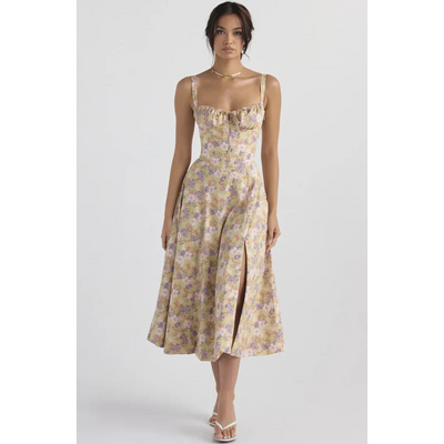 Damen Sommer Blumen Bustier Korsett Elegantes Kleid | Midi
