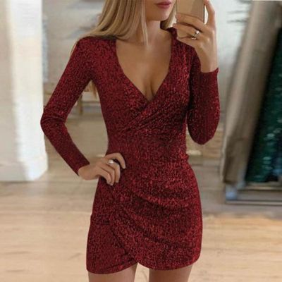 Langärmliges Wickelkleid Mit V Ausschnitt Für Damen | Mini