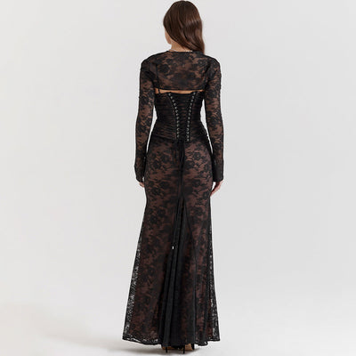 Langärmliges Damen Spitzen Abendkleid | Maxi