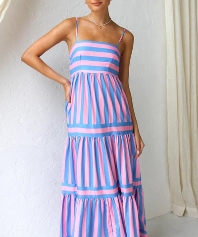 Zavando – Luftiges Geschichtetes Midi-Kleid mit Streifen und Spaghettiträgern