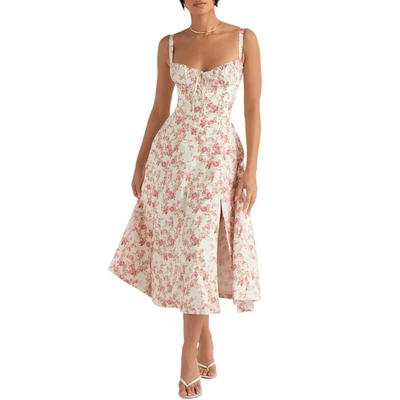 Damen Sommer Blumen Bustier Korsett Elegantes Kleid | Midi