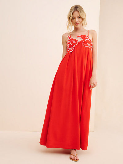 Zavando - Maxikleid aus Leinenmischung mit Fischstickerei