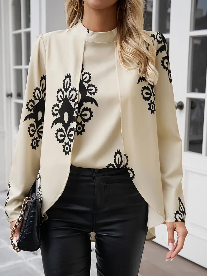 Zavando – Schicke, hochgeschlossene Longline-Bluse mit kunstvollem Print