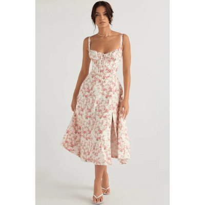 Damen Sommer Blumen Bustier Korsett Elegantes Kleid | Midi