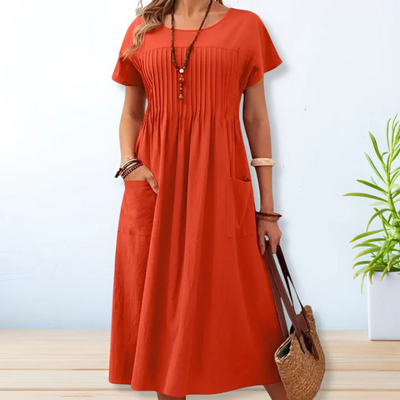 Kurzärmliges Entspanntes Damenkleid | Midi