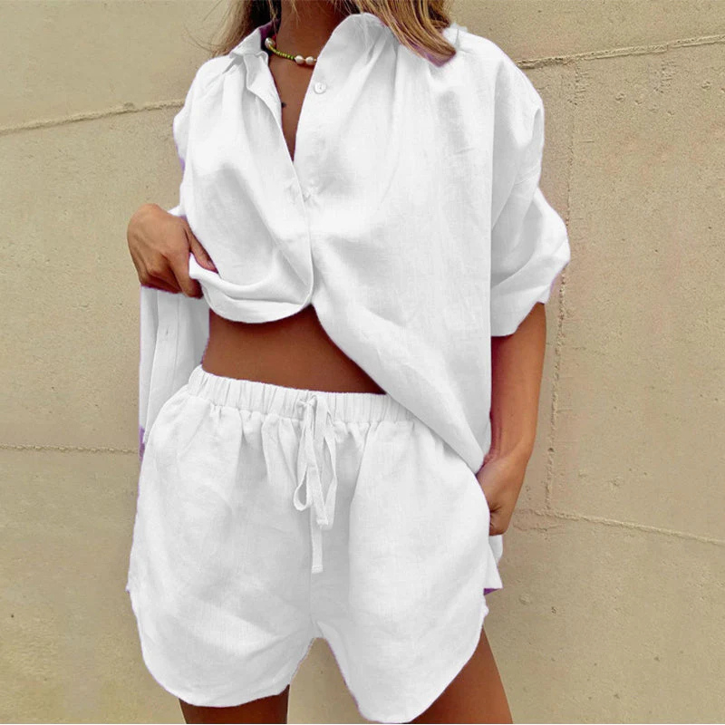 Damen Zweiteiler Mit Button Down Top Und Shorts Mit Kordelzug | Sommer