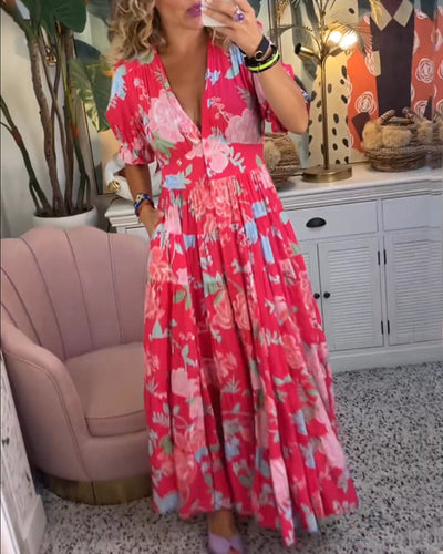 Zavando - Sommerliches Maxikleid Tiefer V-Ausschnitt, Volantsaum